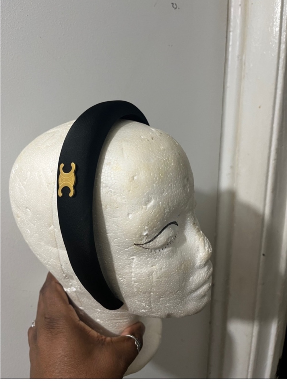 Celine Matte Black Headband with Gold Triomphe Logo - Picture 1 of 2
